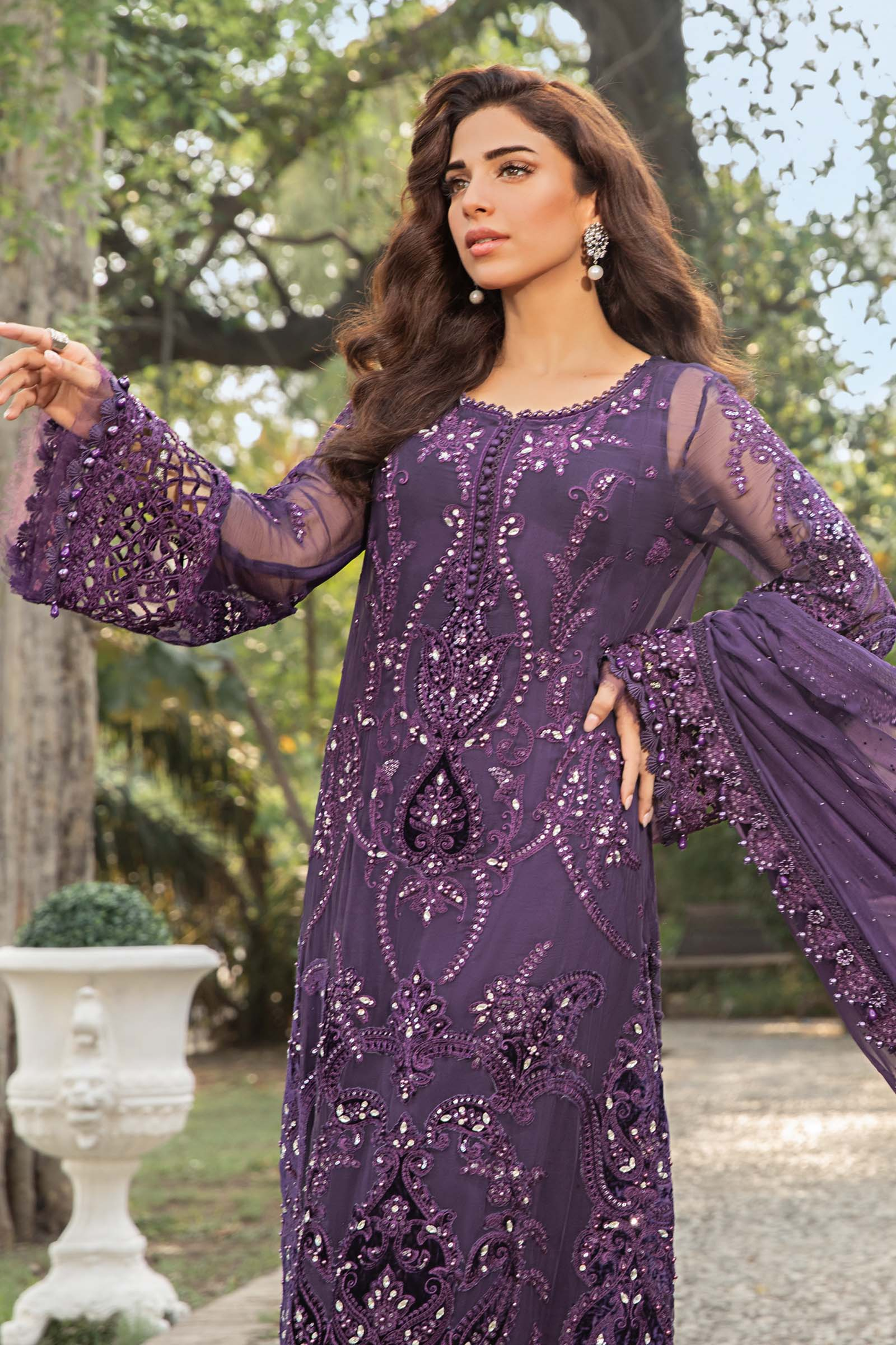Purple Pakistani formal suit with embellished dupatta