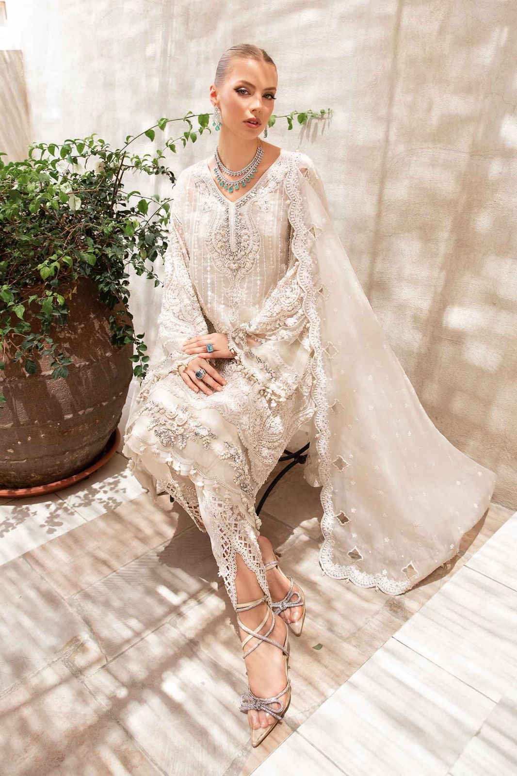 Ivory Pakistani outfit with embroidered dupatta