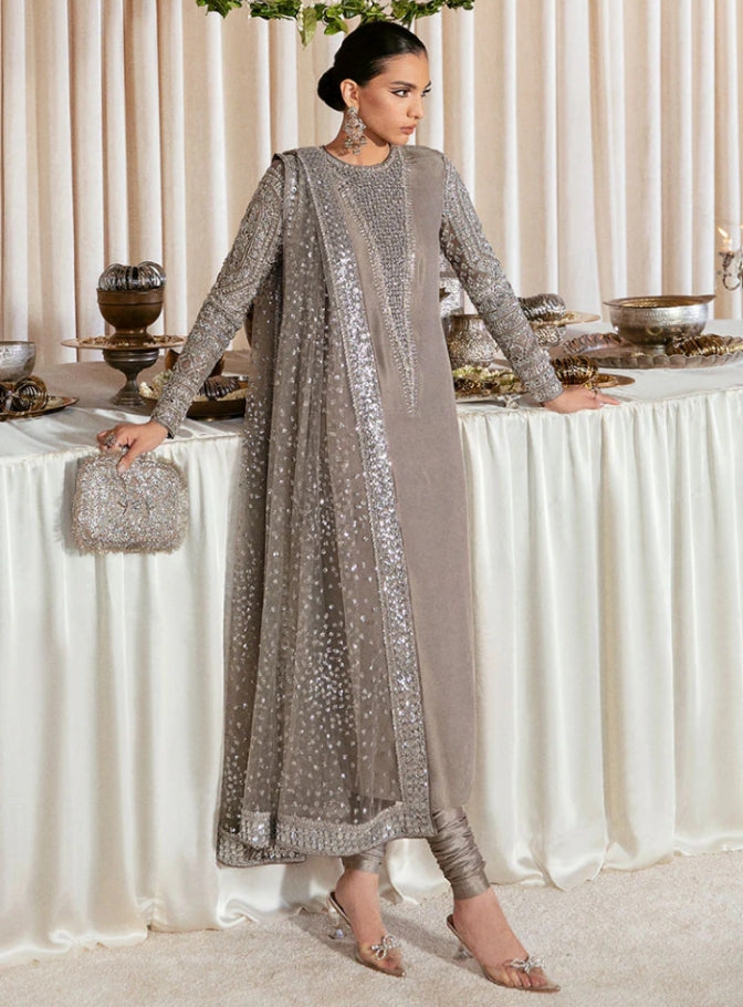 Grey raw silk shirt and chooridaar with silver sitara dupatta