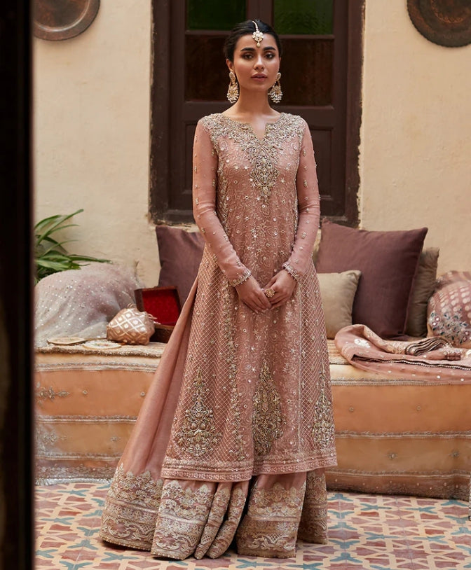 Dusty rose Pakistani formal wear with handwork