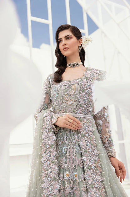 Pistachio green embroidered ensemble with sheer dupatta