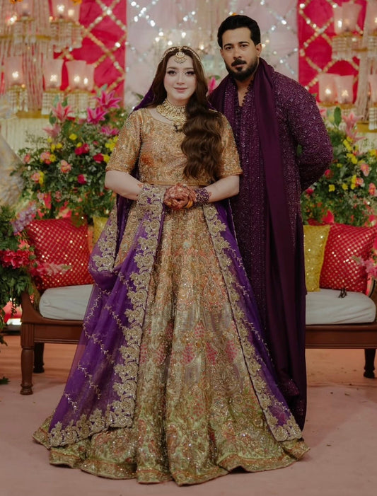 Gold and purple Pakistani bridal lehenga
