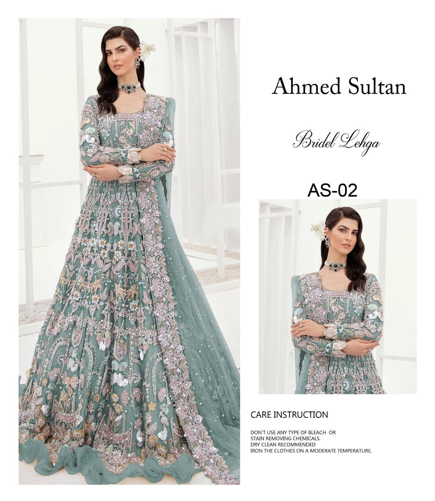 Sage green formal dress with floral hand embellishment