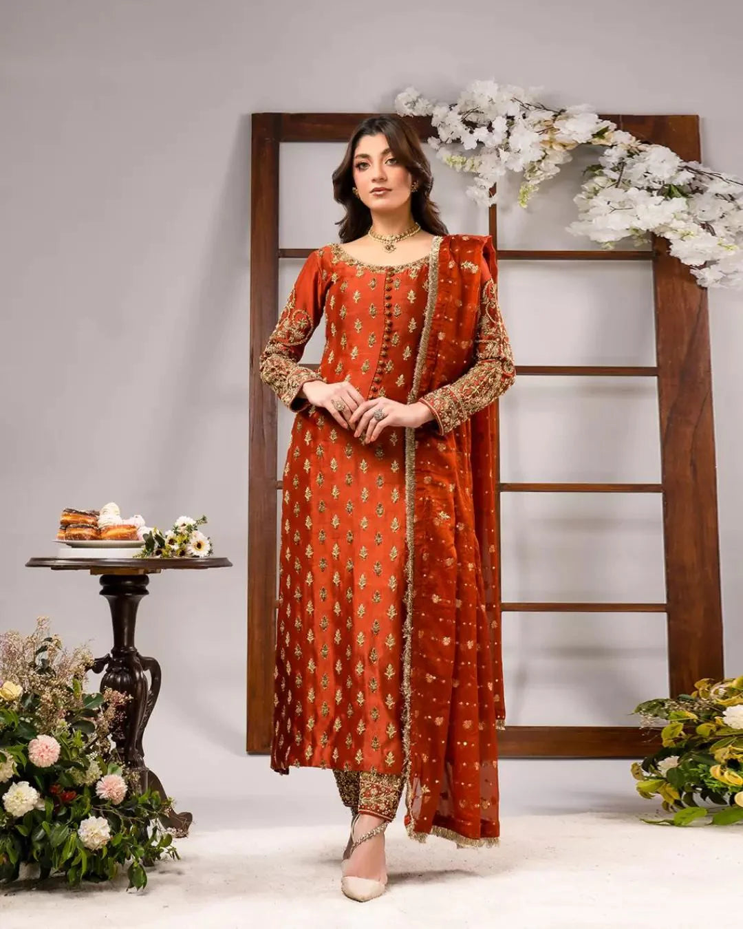 Ahmad Sultan Tangerine Katan silk ensemble