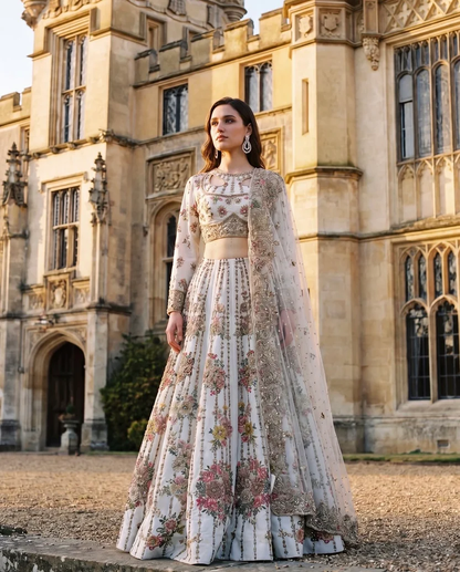 Tiara bridal lehenga featuring intricate gold kora dabka work