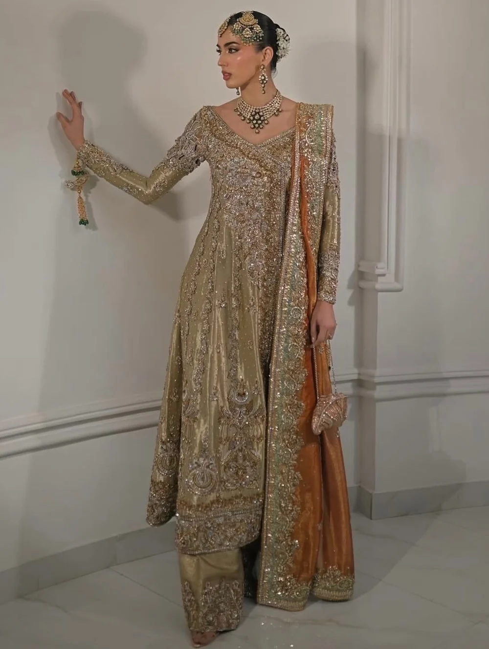 Aleena Khan Saiyaara champagne gold formal dress