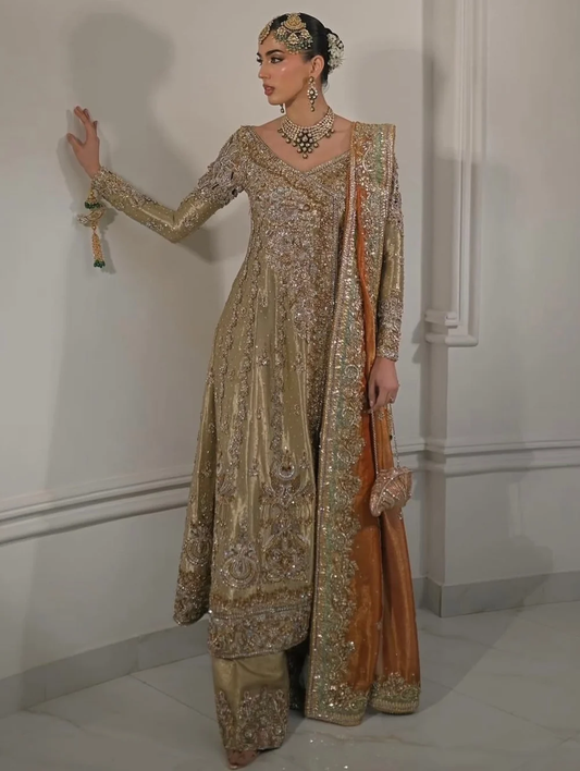 Aleena Khan Saiyaara champagne gold formal dress