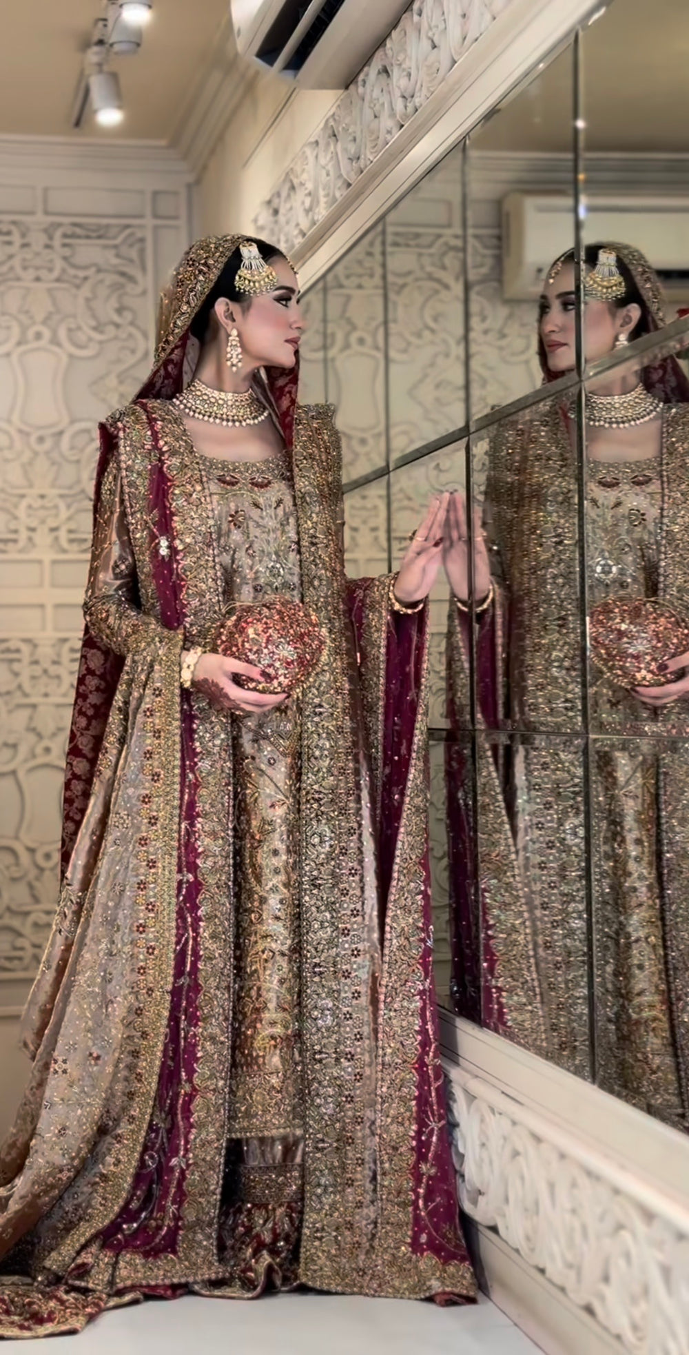 Antique blush bridal dress with maroon dupatta, zardozi and dabka work
