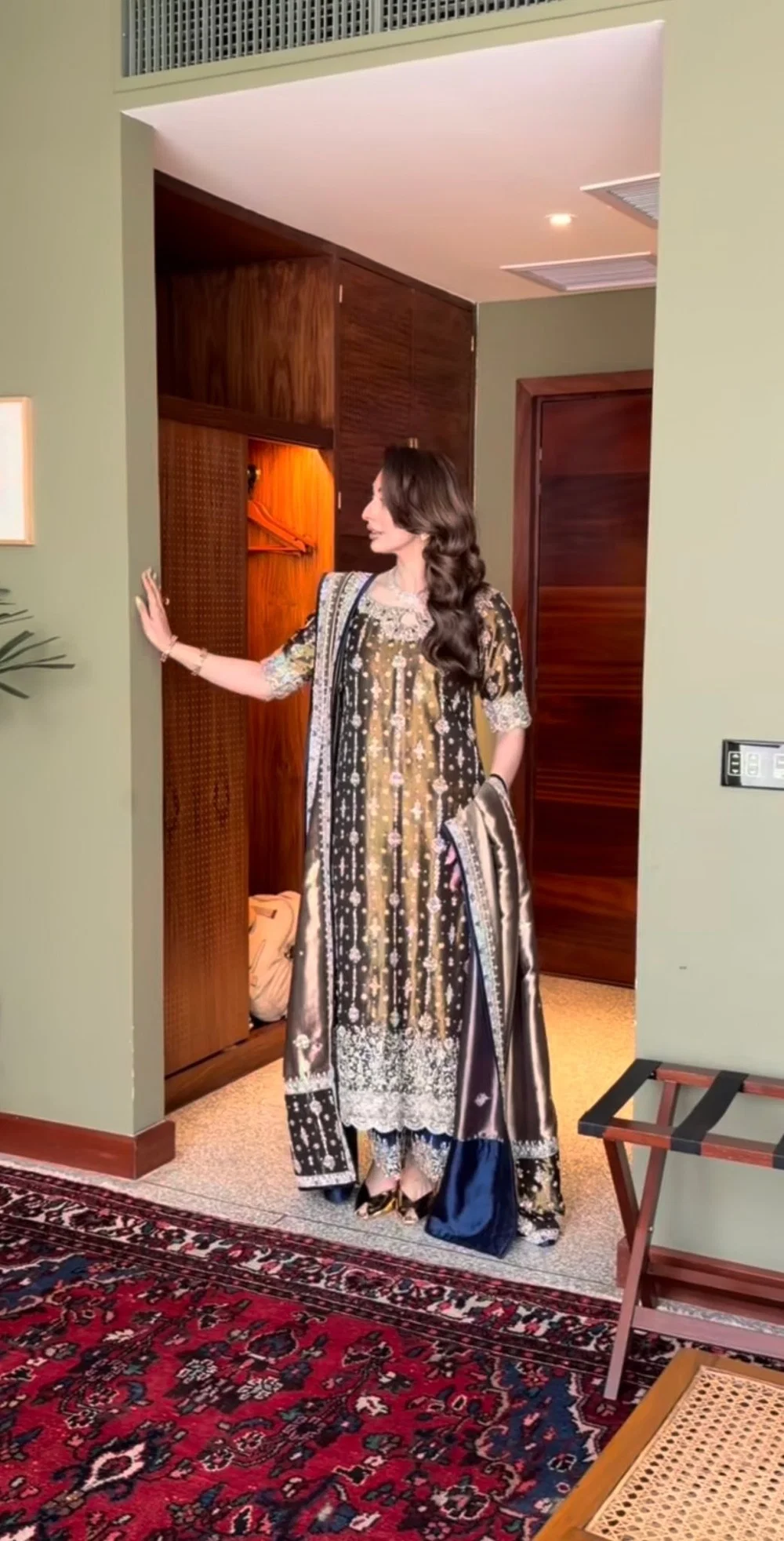Olive Pakistani formal outfit with silk trousers