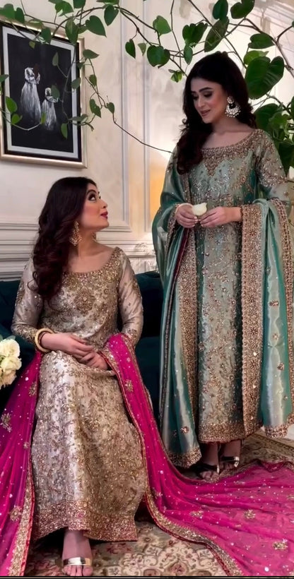 Aqua teal formal dress featuring zardozi and dabka craftsmanship