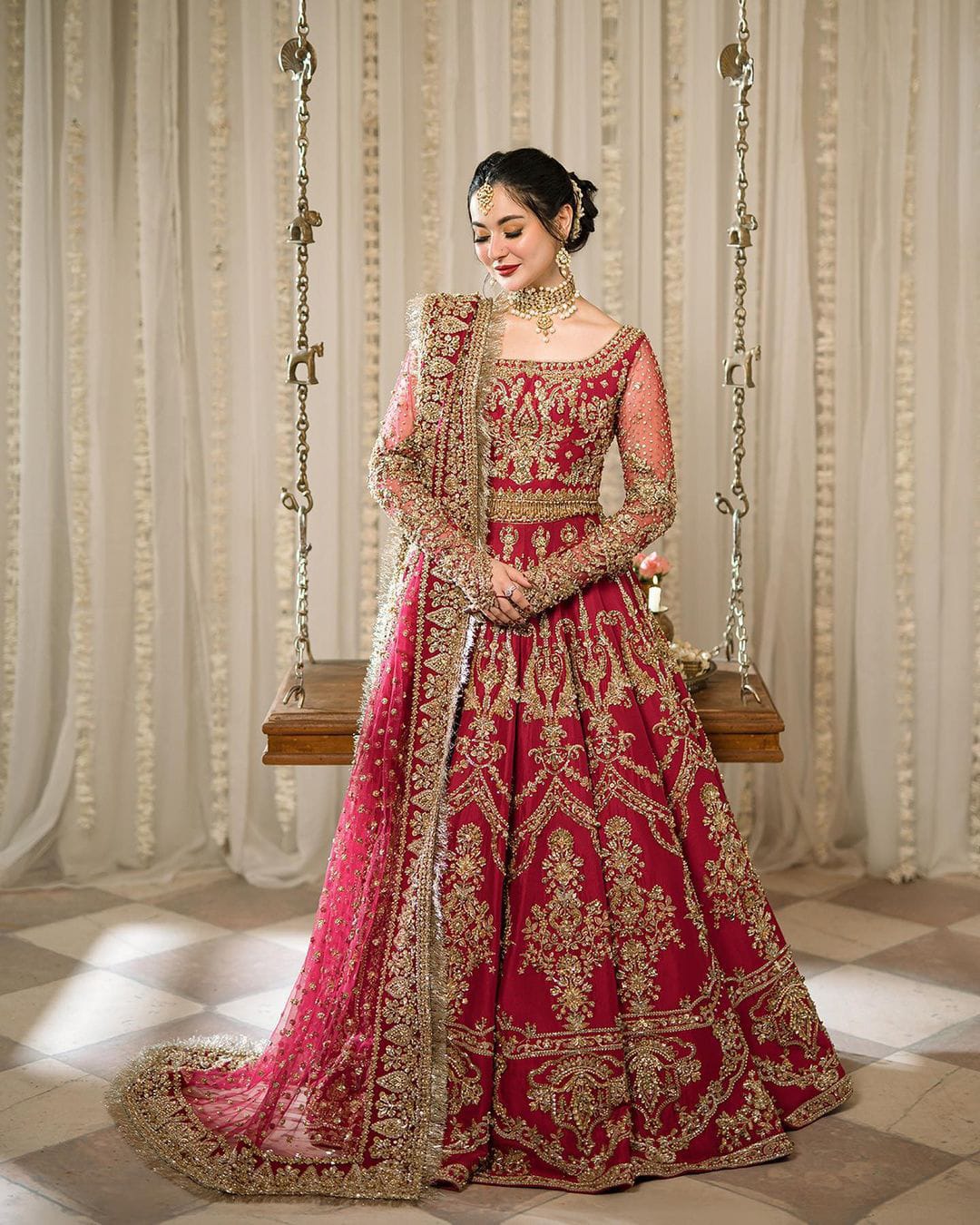 Arusa red gold embroidered Pakistani bridal outfit