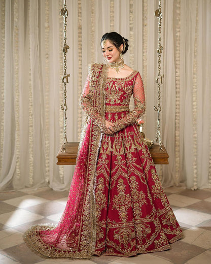 Arusa red gold embroidered Pakistani bridal outfit