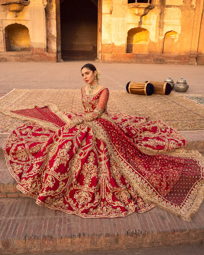 Arusa hand embellished red bridal lehenga