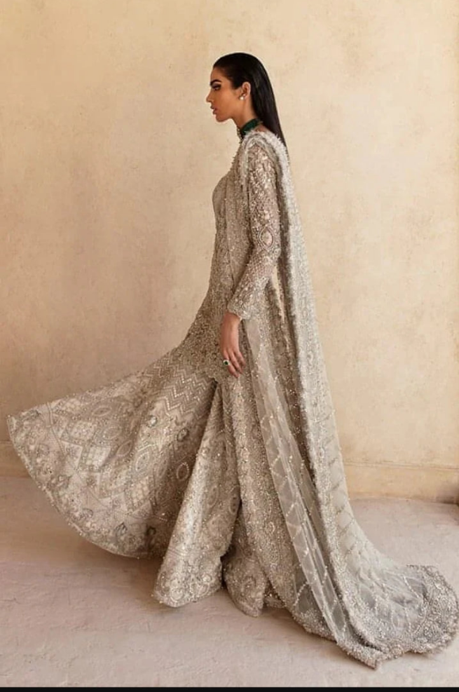 Ash white embroidered shirt with sharara and dupatta