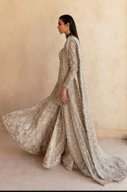 Ash white embroidered shirt with sharara and dupatta