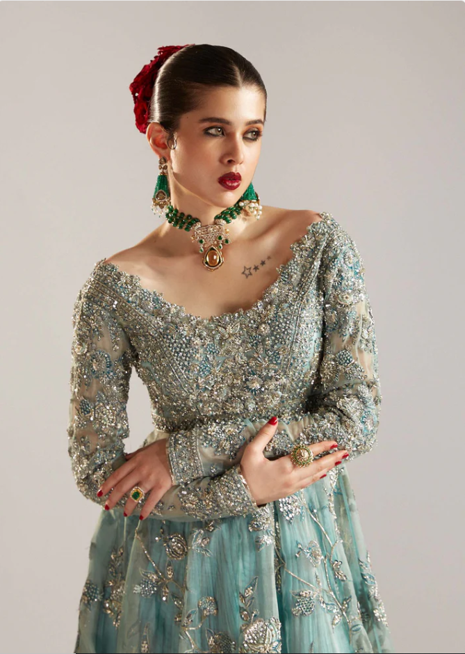 Astra ice-blue organza dupatta with celestial print and embroidered border