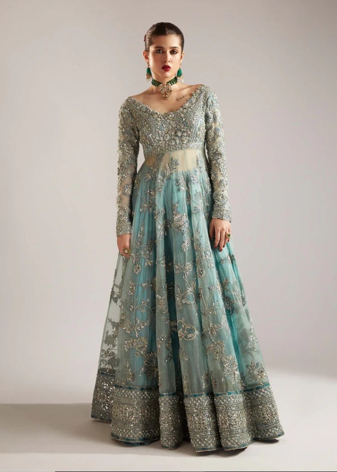Hussain Rehar Astra formal peshwas paired with a crushed silk sharara