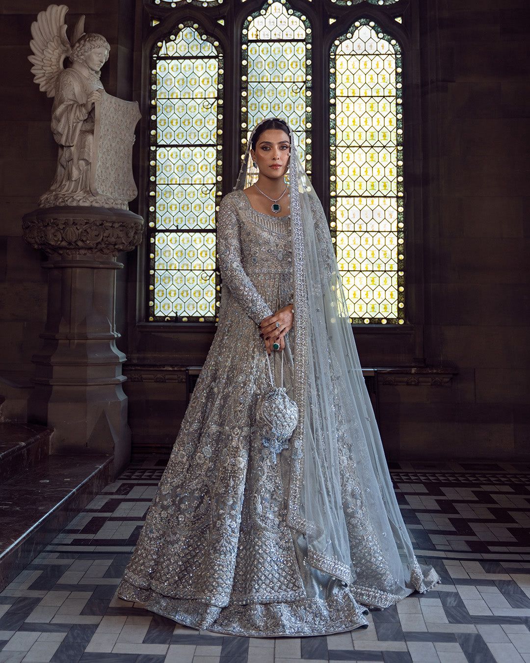 Silver grey pishwas with intricate tilla work and hand embroidery
