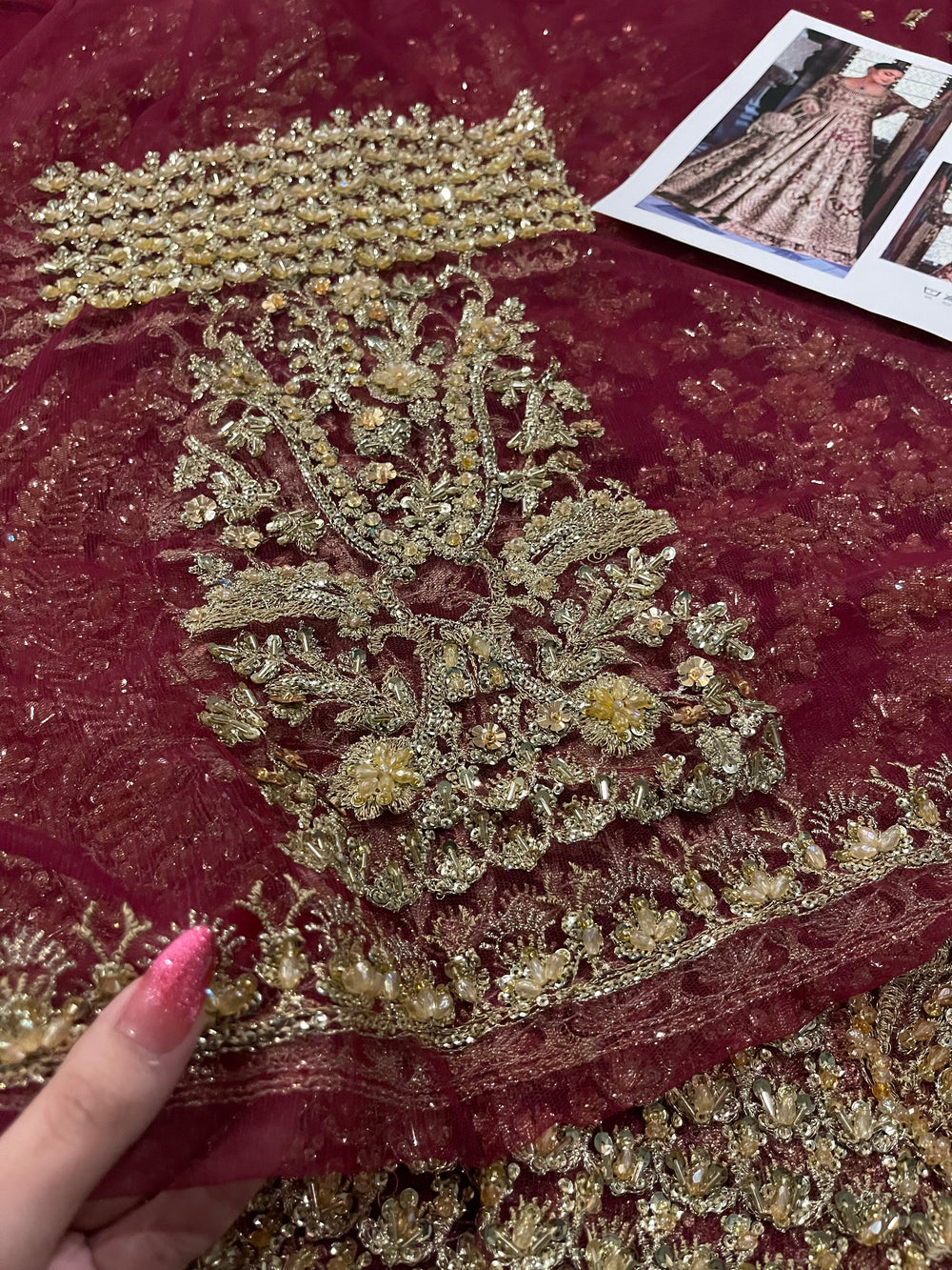 Wine red maroon outfit with intricate tilla and thread work