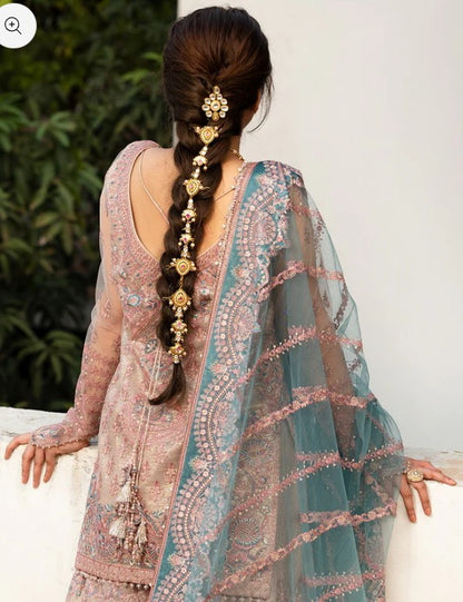 Dusty rose embellished shirt with blue grey net dupatta
