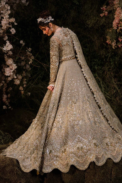Champagne-gold Azureh lehenga with intricate floral embroidery