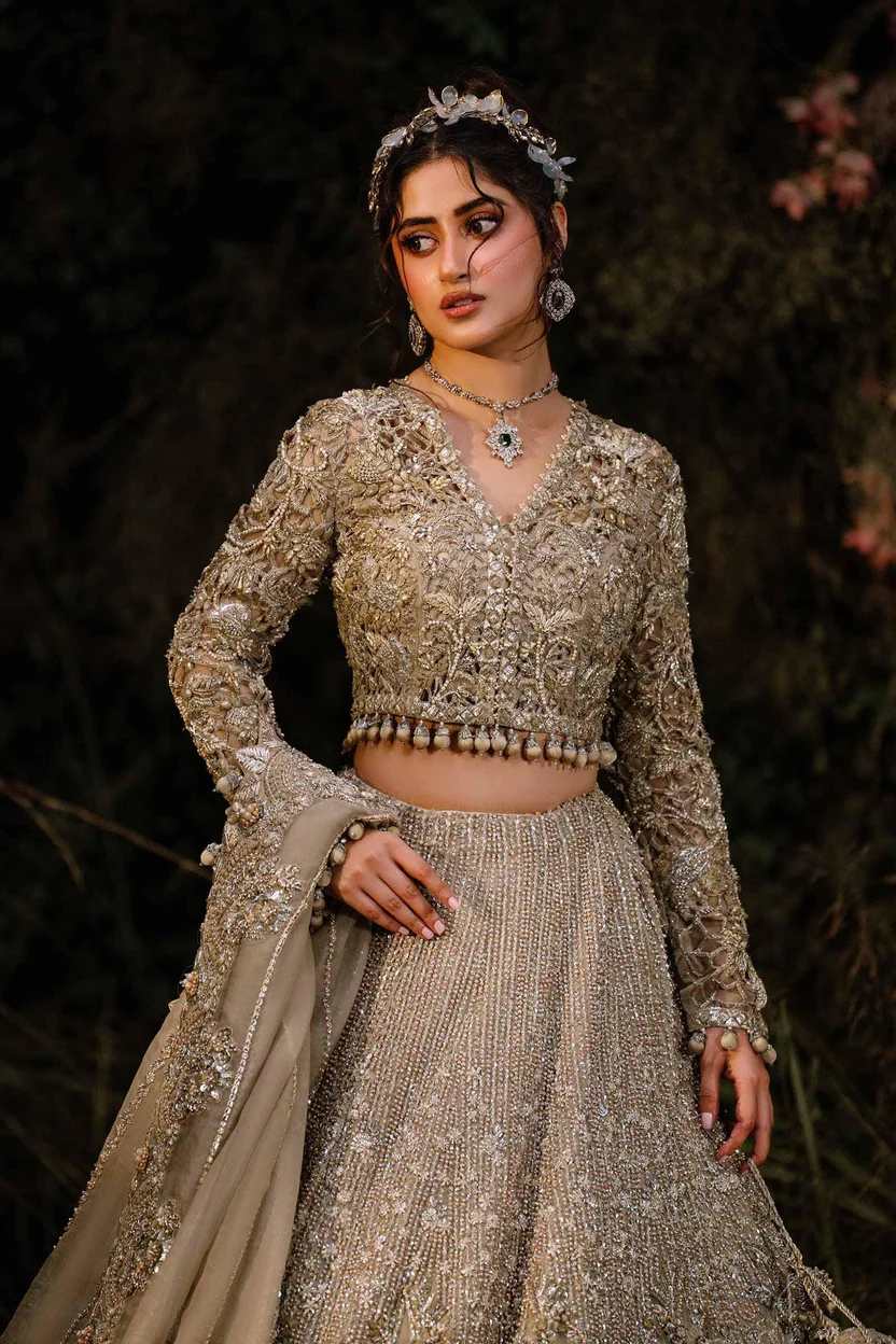 Azureh bridal outfit with matching champagne-gold embellished dupatta