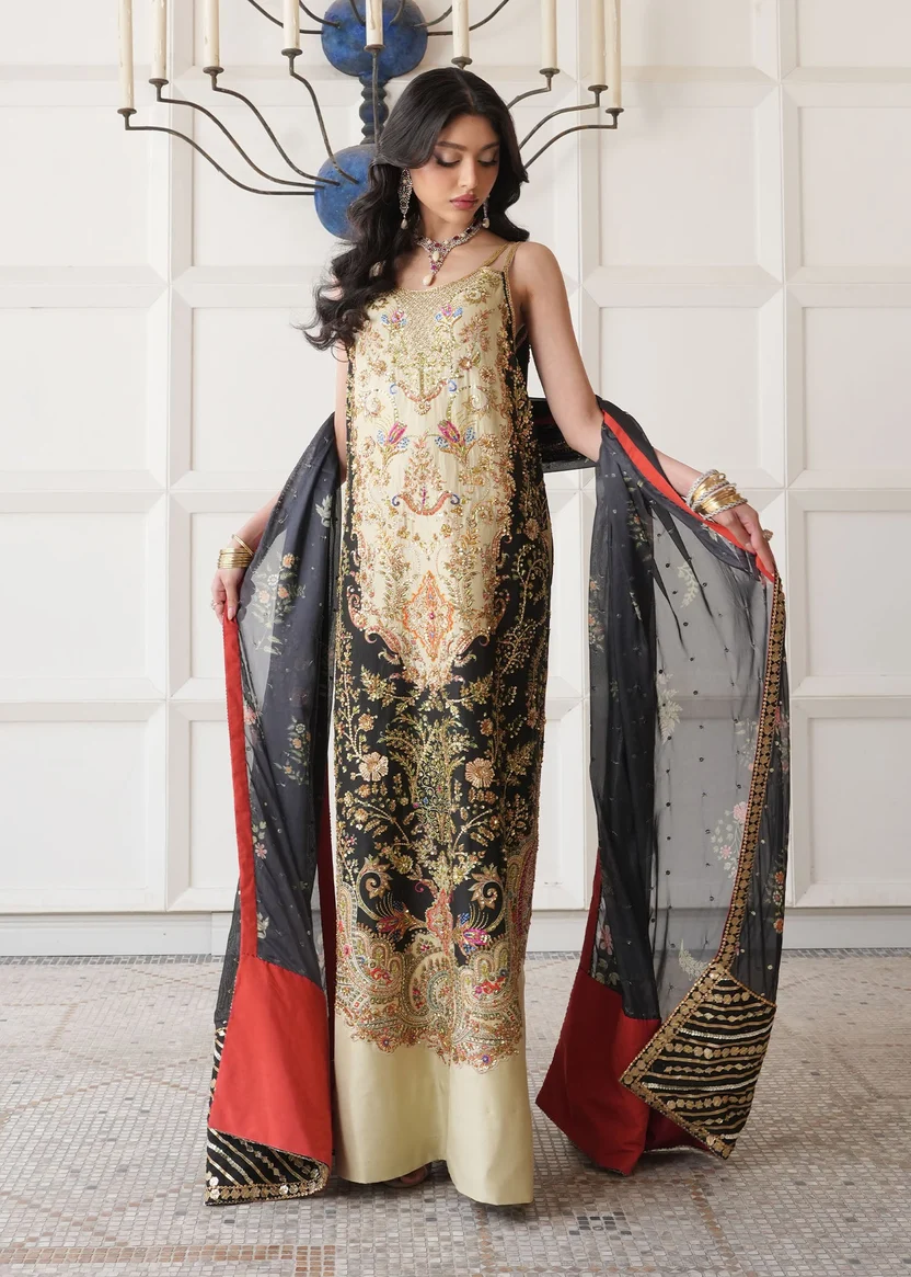 Black dupatta with floral motifs and embroidered striped borders