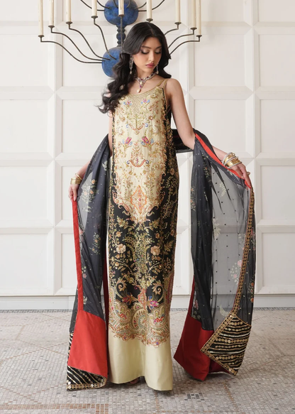 Black dupatta with floral motifs and embroidered striped borders