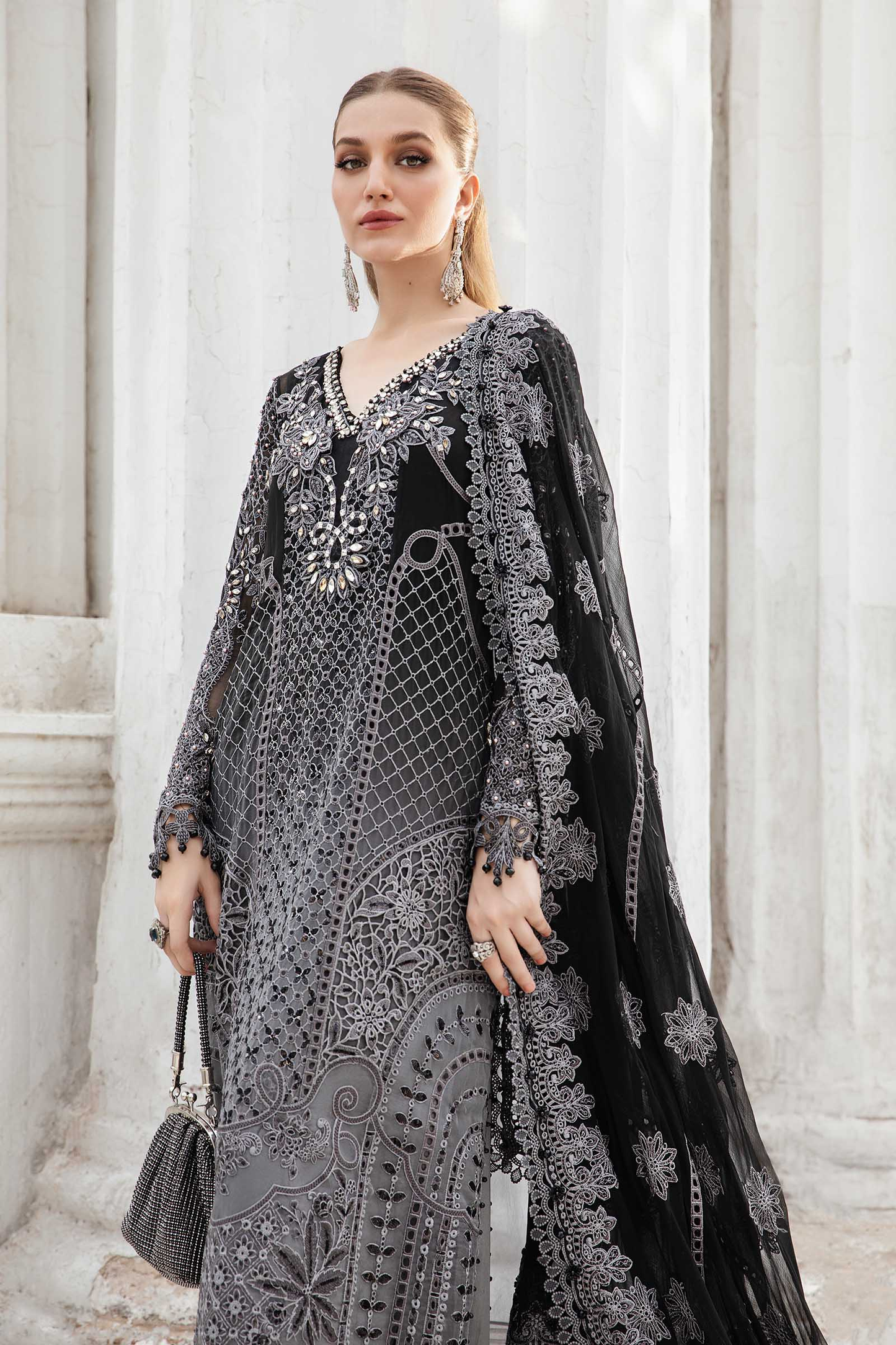 Black Pakistani formal suit with embroidered dupatta
