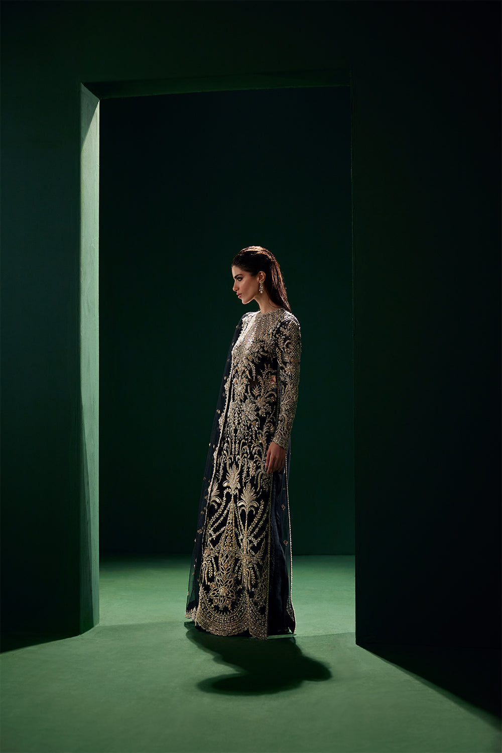 Black embroidered long shirt with detailed motifs
