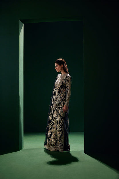 Black embroidered long shirt with detailed motifs