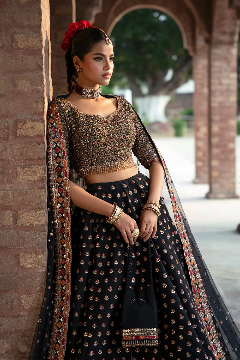 Black dupatta with embroidered border and goti kinari
