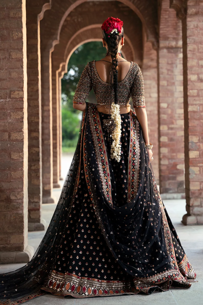 Black embroidered lehenga with sheer dupatta