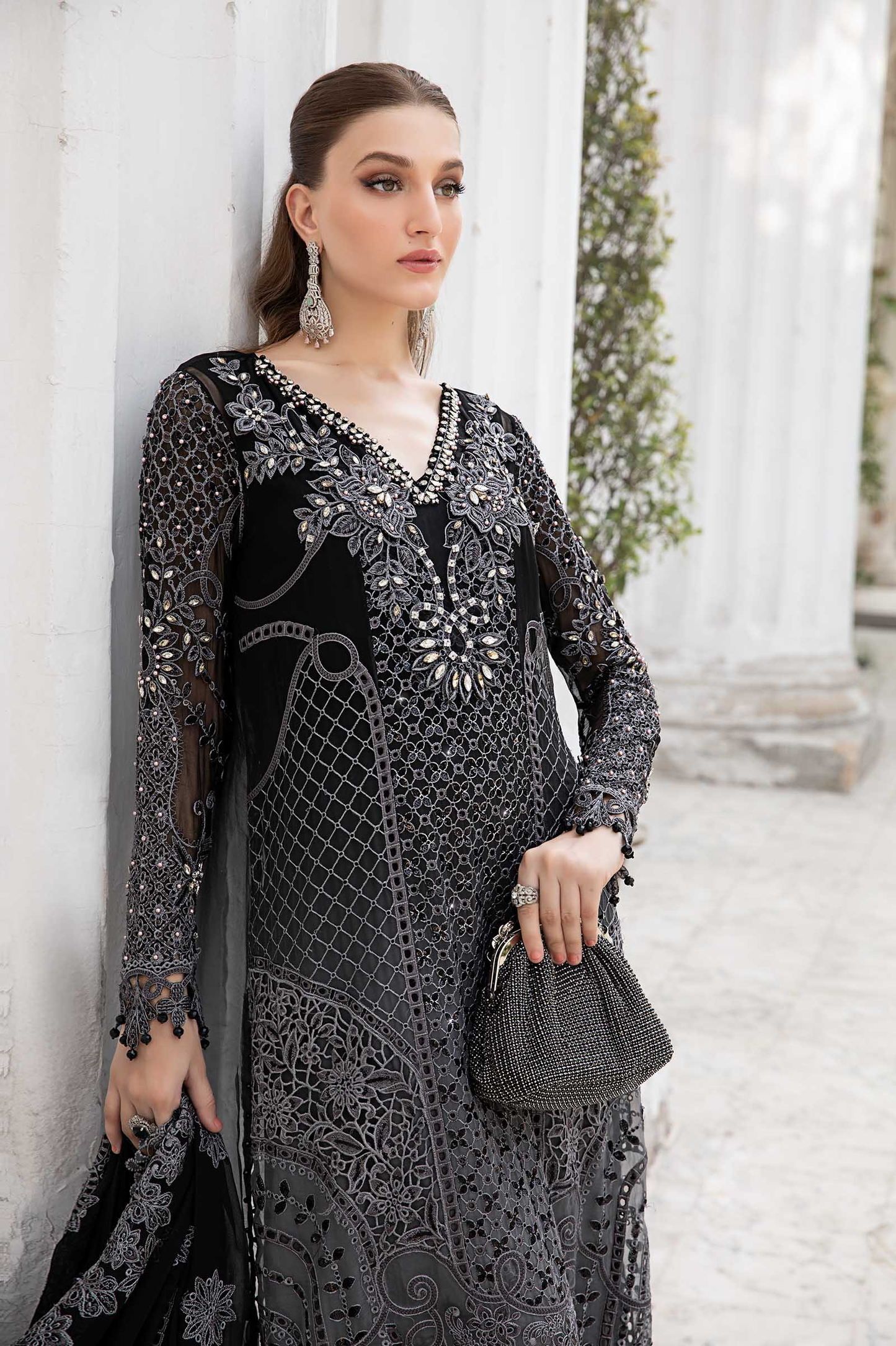 Black chiffon shirt with embroidered organza detailing