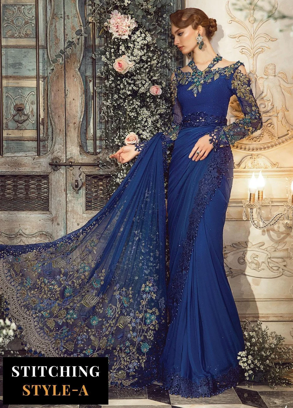 Royal blue saree with embroidered organza pallu