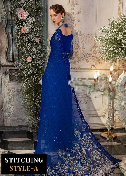 Blue embroidered saree available in two stitching styles