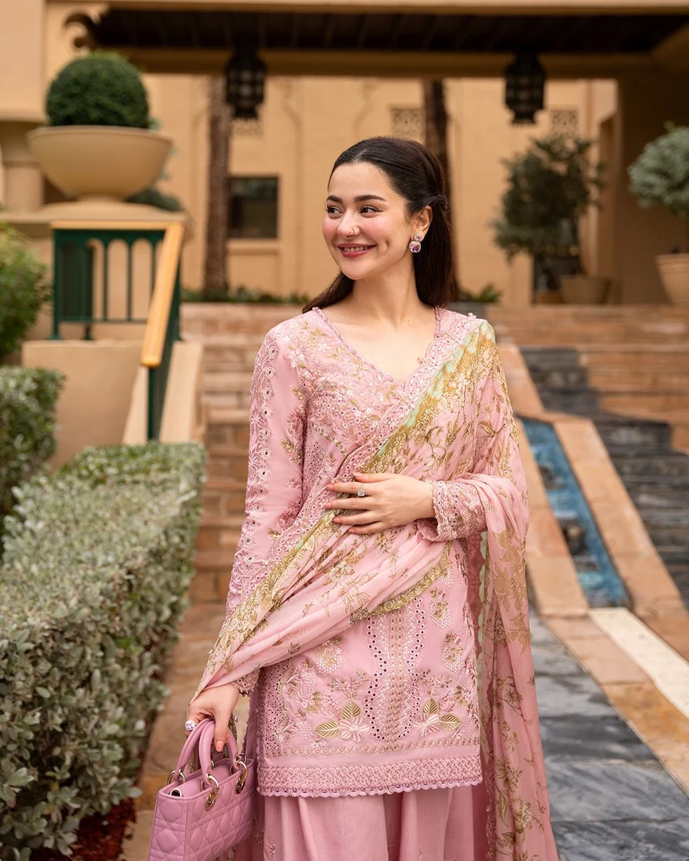 Blush pink Pakistani lawn suit with silk dupatta