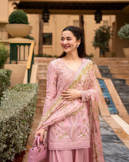 Blush pink Pakistani lawn suit with silk dupatta