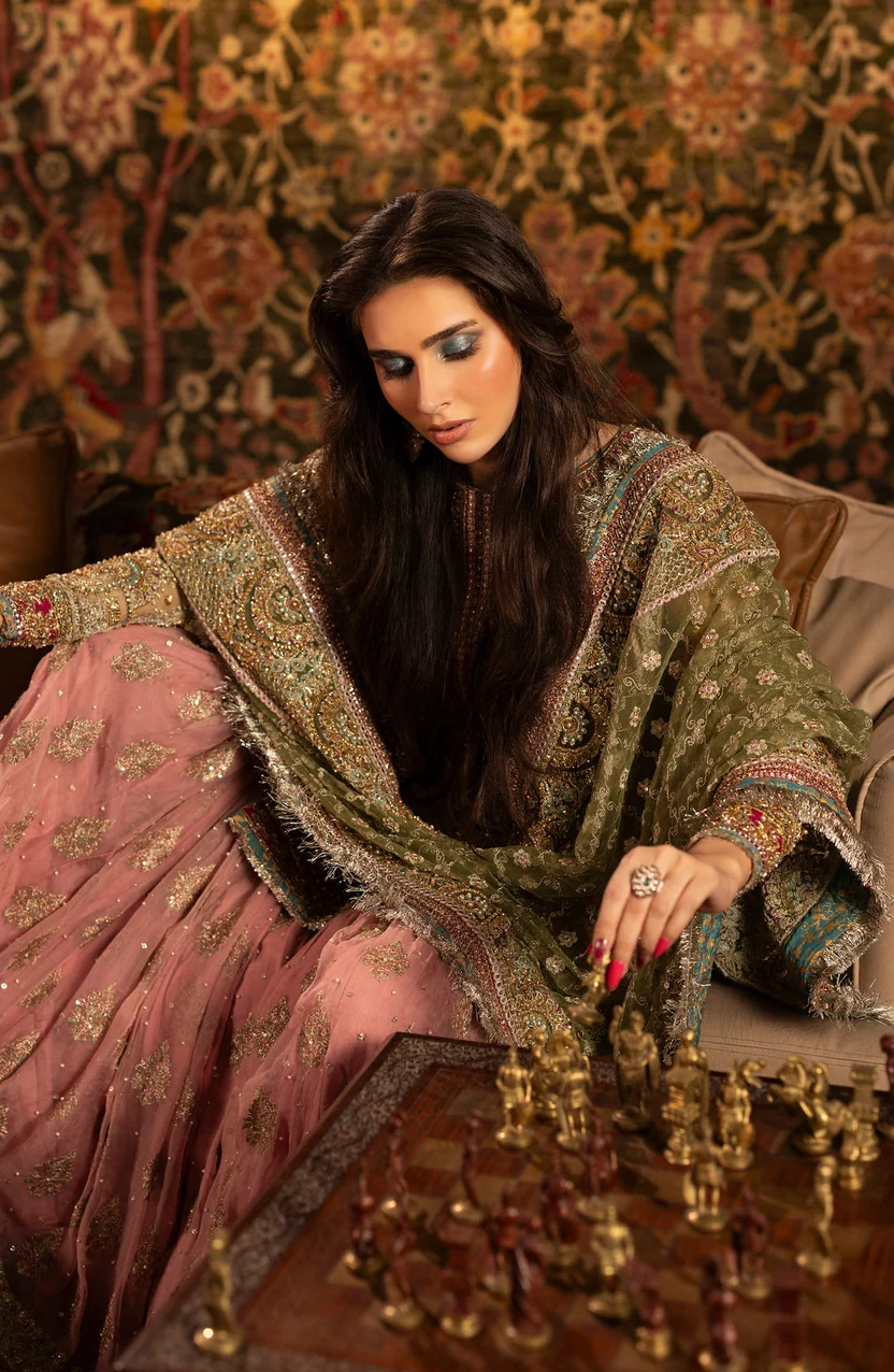 Blush-pink sharara with scattered gold embellishments