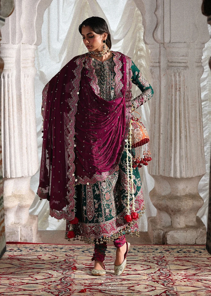 Bottle green outfit with intricate floral embroidery