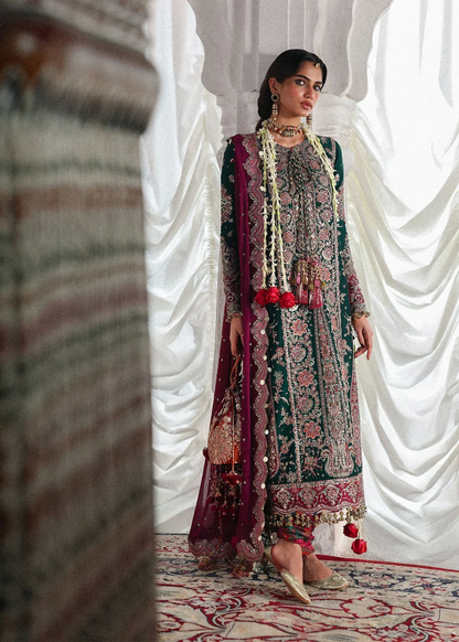 Bottle green embroidered ensemble with statement borders