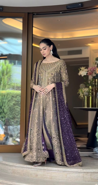 Brushed bronze formal dress with zardozi, dabka and purple dupatta