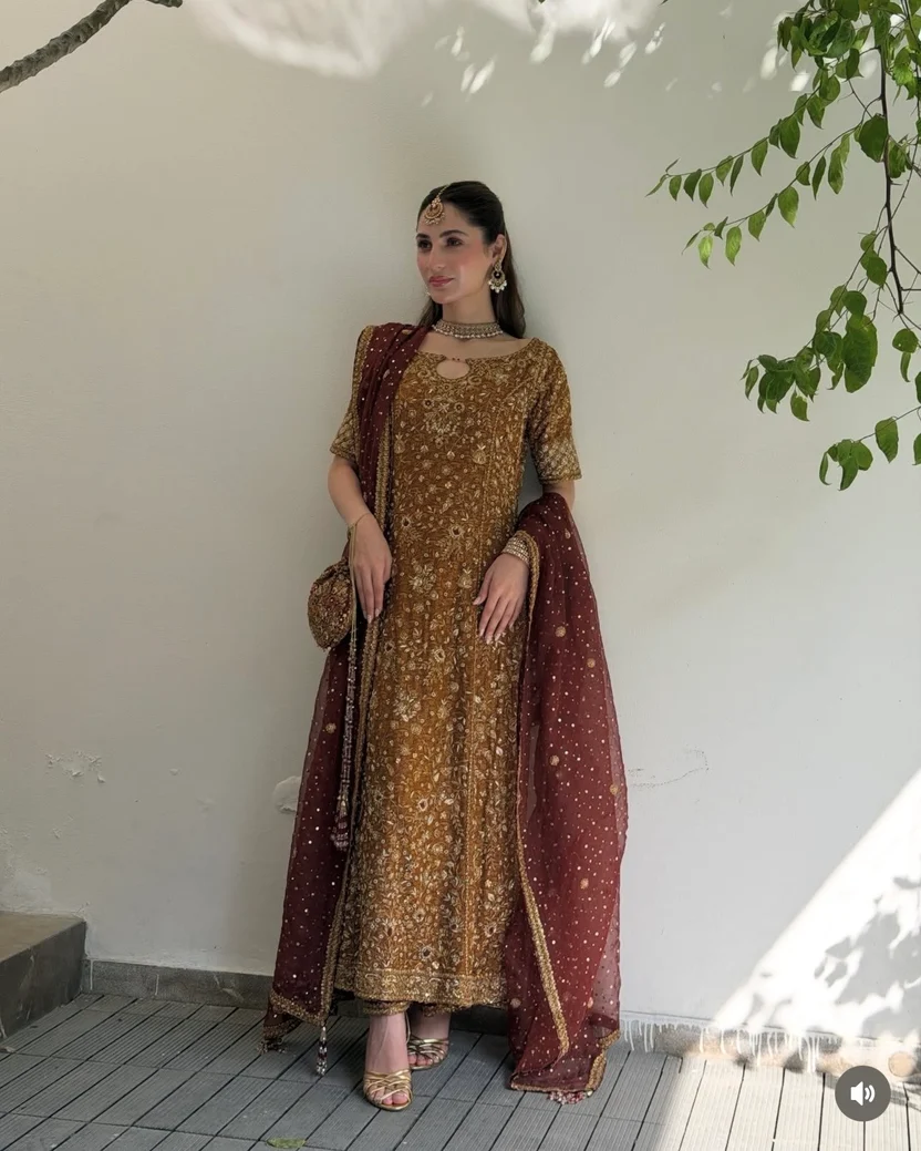Deep burgundy dupatta with scattered gold motifs and embroidered border