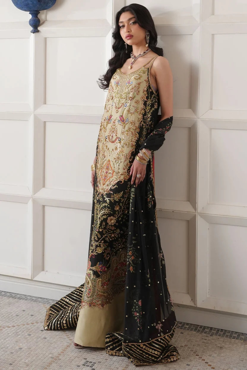 Champagne-gold straight shirt with multicoloured floral adda work