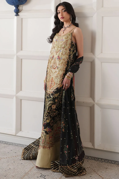 Champagne-gold straight shirt with multicoloured floral adda work
