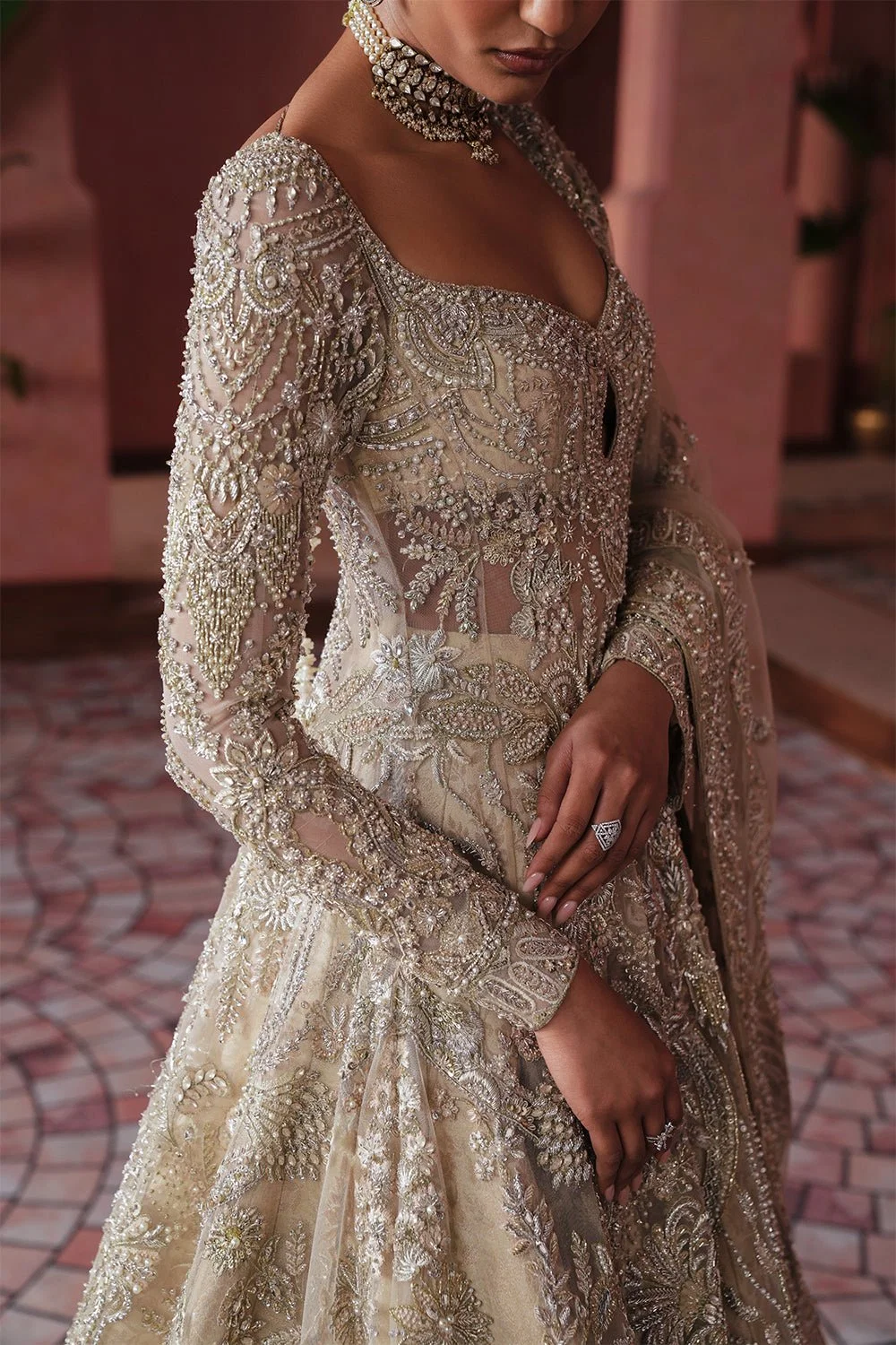 Champagne embellished gown with embroidered dupatta