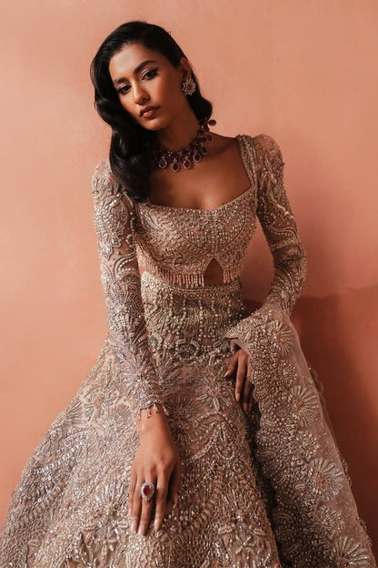 Champagne Pakistani wedding outfit with dupatta