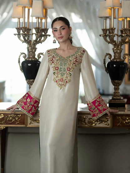 Crimson embellished sleeves with metallic detailing