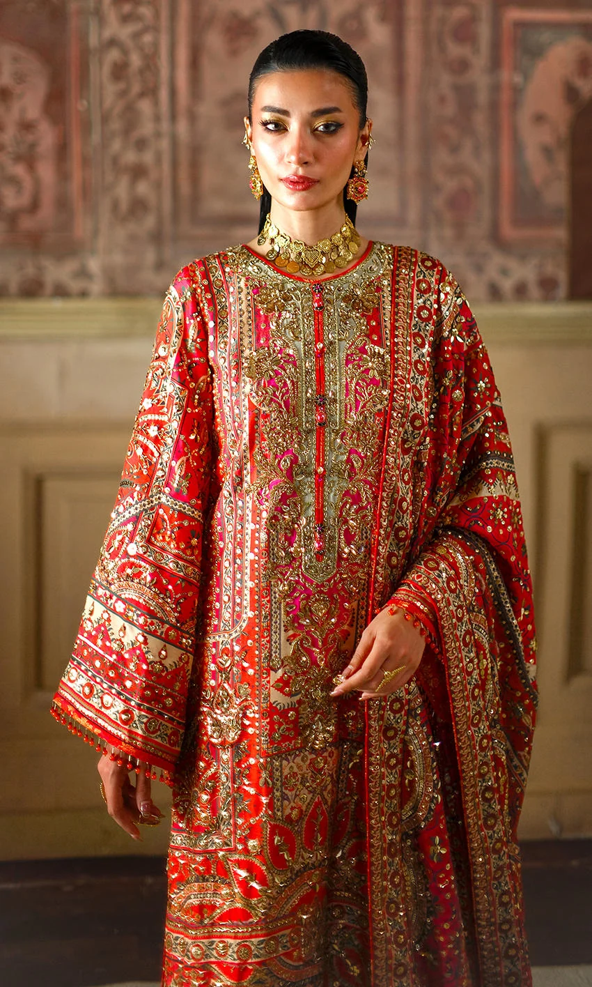 Crimson embellished dupatta with gold detailing