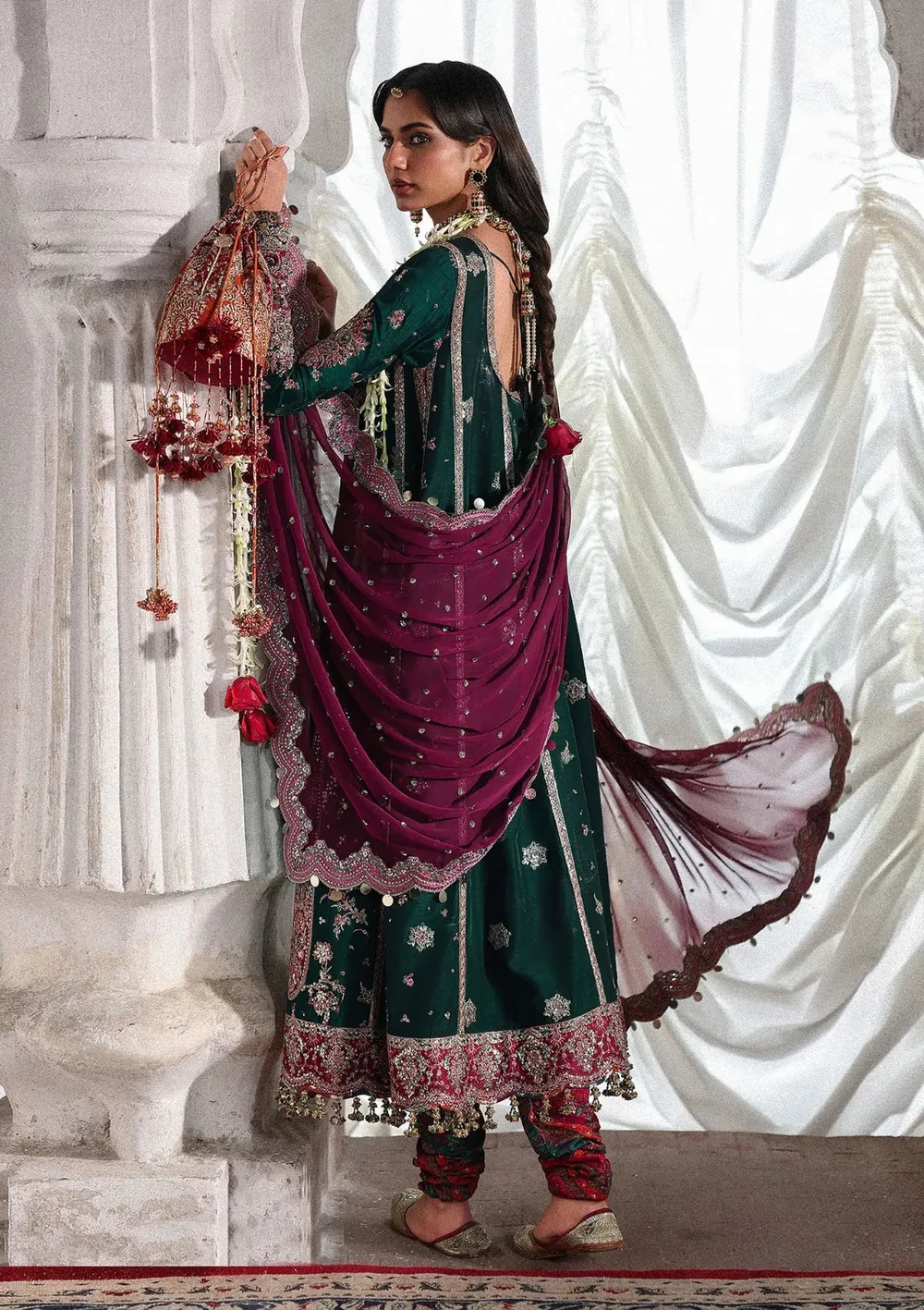 Crimson embellished dupatta with floral detailing